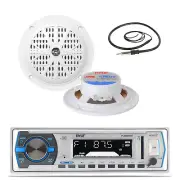Pyle Marine Bluetooth Mp3 USB Radio, 4"100W White Marine Speakers, Antenna