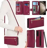 [SunYoo] for Samsung Galaxy Z Fold5 Wallet Case for Women,for Galaxy Z Fold 5 ZFold5 Case with Strap Crossbody Lanyard,Leather Shockproof Card Holder Stand Zipper Pocket Flip Phone Case Red
