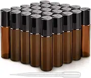 25 Pack 10ml Amber Glass Roller Bottles with Stainless Steel Balls Empty Leakproof UV Protection Essential Oil Glass Roller Bottle Including 1 bottle opener and 1 dropper
