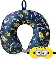 MINISO Minions Travel Neck Pillow with Eye Mask, Cute Cartoon 100% Memory Foam Neck Support Pillow, Lightweight Travelling Pillow Set for Airplane, Car and Home Use