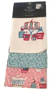 SET 3 NEW Cooksmart England Tea Towels Tea Party Birthday Fairy Cakes 18"x24"