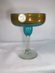 Mexican Hand-Blown Margarita Glass Amber And Turquoise Or Teal Heavy