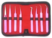 8 Pcs Eyelash Extension Tweezers Straight & Curved Stainless Steel Set w/ Case