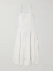 [Farm Rio] Farm Rio - Richelieu Scalloped Gathered Broderie Anglaise Linen-blend Midi Dress - Off-white - small small Off-white