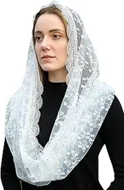 [Bozidol] Traditional Vintage Inspired White Lace Infinity Chapel Veils for Church Catholic Mantilla Veil Latin Mass Head Covering, White, One Size