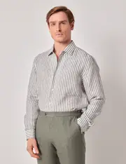 Hawes & Curtis Khaki & White Stripe Pure Linen Slim Shirt | One Piece Collar | Full Cutaway Size: Small