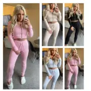 Women Ribbed Two Piece Gym Set Ladies Full Zip Hole Top Lace Up Leggings Sports