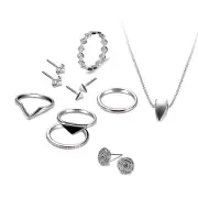 2 Sets Silver Plated Rings Crystal Earrings Geometric Necklace Jewelry Set