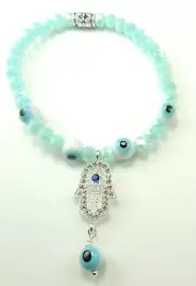 Turquoise Crystal Stretch Bracelet with Hamsa & Evil Eye Handmade Jewelry