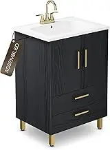 phiestina Black Single 24 inch Bathroom Vanity, 2 Drawers and 2 Doors Bathroom Storage Cabinet Set, with Ceramic Sink Combo, BV02-BLACK-JH