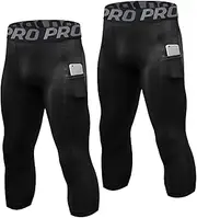 [LNFINTDO] 2 Pack Mens 3/4 Compression Tights with Pokects Cool Dry Running Leggings Sport Gym Cycling Workout Capri Pants