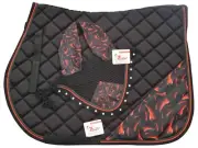 RED CHILLI THEMED ENGLISH SADDLE PAD SET FLY VEIL HORSE EARS ZAINEE SPORTS