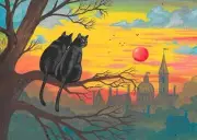 ACEO PRINT OF PAINTING RYTA BLACK TUXEDO CAT LANDSCAPE CITYSCAPE Valentines Day