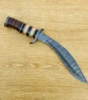 CUSTOM HAND MADE DAMASCUS STEEL KUKRI KNIFE STACK LEATHER/BONE HANDLE W/SHEATH