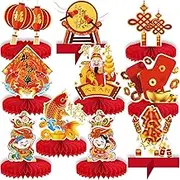 10 Pcs Chinese New Year party Decoration,Happy New Year Table Honeycomb Centerpieces, Chinese Spring Festival Red and Gold Table Toppers for New Years Eve Party