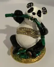 Jeweled Panda Eating Bamboo Trinket Box Black White Enamel White Crystals
