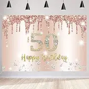 50th Birthday Decorations Birthday Backdrop Banner for Women Happy 50 Years Old Fabric Sign Poster, Glitter Rosegold Photo Background Birthday Party Supplies, 150 cm x 90 cm
