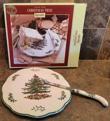 New Spode Christmas Tree Appetizer Plate with Knife In Box 9" Plate, 7.8" Knife