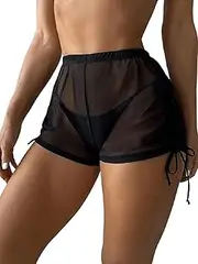 [Generic] Women's Drawstring Side Sheer Mesh Bikini Bottoms Swimsuit Cover Up Shorts