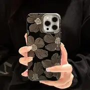 [LIUJINCAN] Compatible with iPhone 15 Case 6.1" - Retro Black Floral Design Silicone Case with TPU Bumper and Camera Protector for iPhone, Soft Aesthetic Thin Cover for Women and Girls (15)