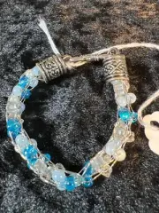 Small 6" Blue and White Beaded Bracelet Strung with Silver Wire