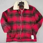 LUCKY BRAND Sherpa Jacket Mens LARGE L RED Plaid OUTDOORS TRUCKER LINED Zip NWT