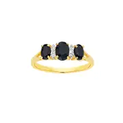 9ct Gold Black Sapphire & Diamond Oval Cut Trilogy Dress Ring in Black