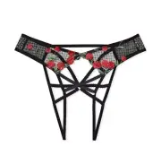 NWT Victoria's Secret Crotchless Cherry Embroidery Open-Back Panty Sz S - Black