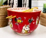 Lucky Cat Japanese Maneki Neko Red Porcelain Ramen Soup Bowl With Chopsticks Set
