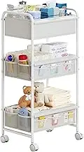 3-Tier Baby Diaper Caddy Cart Organizer,Mobile Nursery Storage Cart with Wheels，With 2 Dividers & 14 Mesh Pockets Durable Metal Utility Cart for Nursery, Bedroom, Bathroom Essentials Organization
