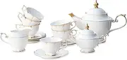 ACMLIFE Fine Bone China Tea Set for 6, White Porcelain Teapot Sets for Adults, Afternoon Cups and Saucers for Women Tea Party or Gifts Giving