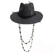 White straw hat pearl chain flat top sun hat new Korean elastic ribbon hat beach hat candy color sun hat MULTI 56-58cm