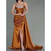 Black Tie Mermaid / Trumpet Evening Gown Adjustable Strap Elegant Dress Formal Wedding Floor Length Sleeveless Sweetheart Satin with Ruched Crystals 2025