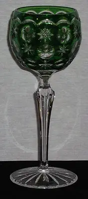 HAND BLOWN & CUT CRYSTAL EMERALD GREEN OVERLAY CUT-TO-CLEAR TALL HOCK WINE GLASS