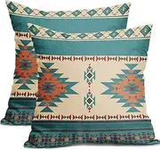 Kawani Western Throw Pillow Covers 18x18 Inch Vintage Turquoise Set of 2 Southwestn Aztec Decorative Pillows Linen Cushion Cover Square Indoor Outdoor Living Room Bedroom Sofa Chair Home Decor (BZ)