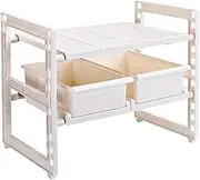 2 Tiers Under Sink Shelf, Space Saving Telescopic Plastic Under Sink Organizer with Movable Board, Adjustable Pot Storage Rack for Kitchen, Bathroom (48.5-70.5cm 2 Drawers)