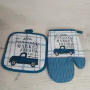 New! "Farmers Market Fresh & Local" Kitchen Blue Truck Oven Mitt & PotHolder Set