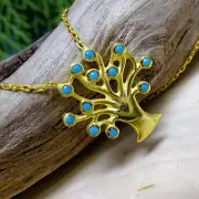 Sterling Silver Gold Tree of Life Turquoise Chain Necklace
