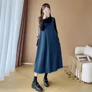 Maternity Striped Button Midi A-Line Jumper Dress / Long Sleeve Mock Neck Plain Ribbed Knit Top Midi A-Line Overall Dress - Navy Blue - M