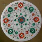 Multicolor Stone Inlay Work Coffee Table Top Round White Marble Sofa Side Table