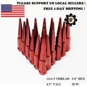 20PC+KEY 12X1.5 FOR GMC 3/4HEX RED CONICAL SEAT SPIKE WHEEL LUG NUTS 4.5''
