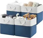 [Patvingot] 13x13x13 Storage Cube Bins,Set of 4, Large Foldable Fabric Storage Cubes with Handles for Organizing Home, Closet, Clothes, Toy, Book, Office(White&Blue)