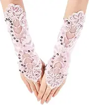 [GORGECRAFT] 2Pcs Fingerless Lace Gloves 28cm Long Floral Wedding Bridal Dress Gloves Opera 1920s Party Sequins Lolita Glove Prom Arm Warmers Sleeves for Women Ladies Brides Party Dress Driving Red