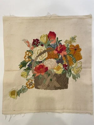 VINTAGE CREWEL EMBROIDERY OF BASKET OF FLOWERS UNFRAMED
