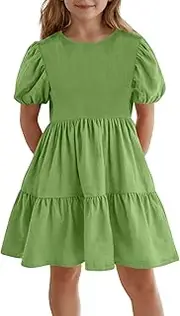 [Generic] Girls Dresses Sparkly Elegant O Neck Daily Dress Solid Color Short Dress Girls Back