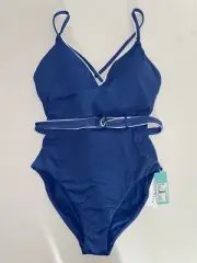 C1 Seafolly One Piece Swimsuit Women's Belt Deep V MarianaBlu Blue Size 10 Beach