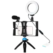 Vlogging Live Broadcast Smartphone Video Rig With Led Selfie Light Microphone Tripod Mount And Cold Shoe Head - Blue