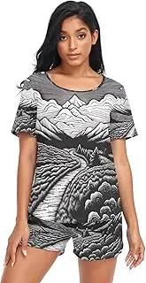 [RPLIFE] Black White Drawing of Mountains Women's Sleepwear, Matching Pajama Sets, Black White Drawing of Mountains, X-Large