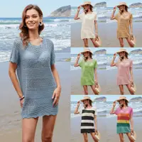 在飛比找蝦皮商城精選優惠-新款 女士鏤空海灘罩衫夏季泳衣針織短袖沙灘寬鬆洋裝