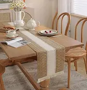Macrame Table Runners Farmhouse Style Lace Boho Table Runner and Rustic Nature Burlap Table Runner with Tassels, Every Day Use,Heavier Quality,12x70 Inches (Coffee&White)